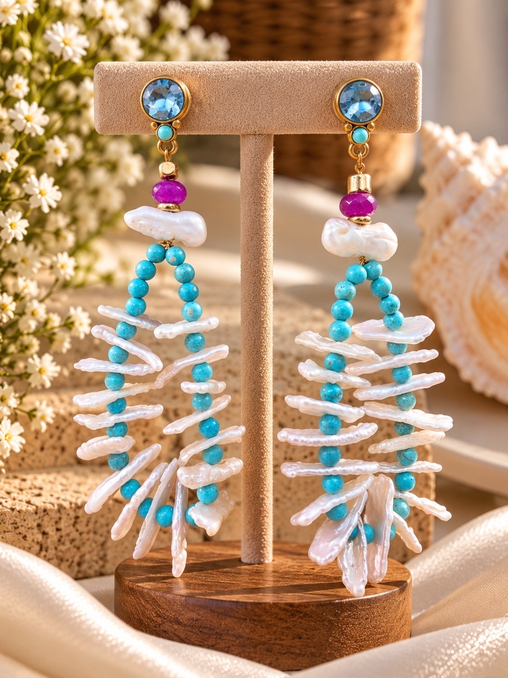 Gold-Tone Turquoise & White Pearl Drop Earrings